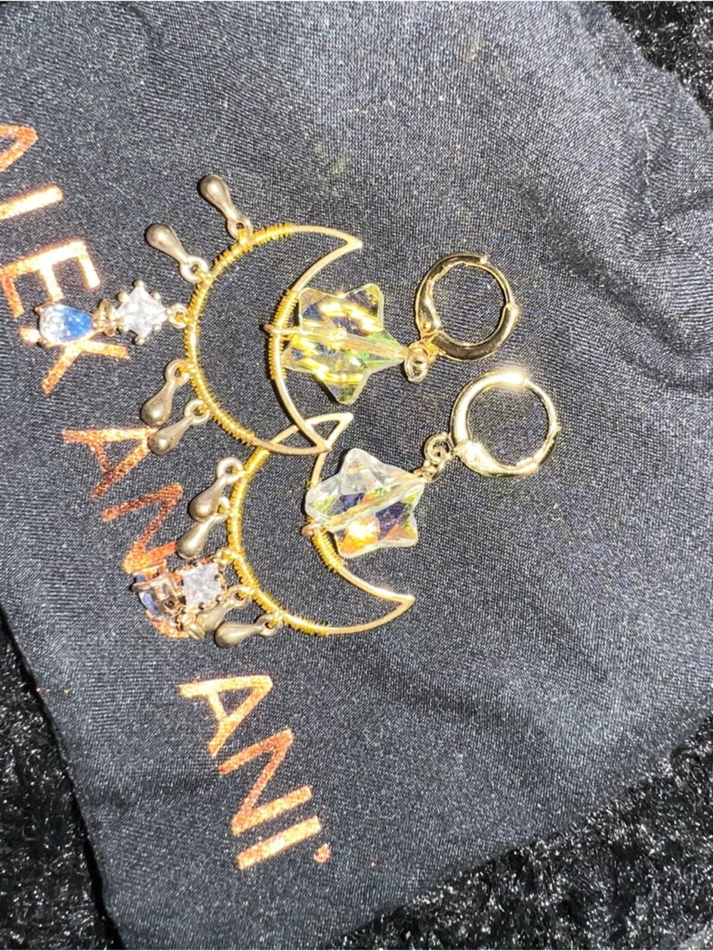 Gold Crescent Moon Crystal Drop Earrings - Iridescent Clear